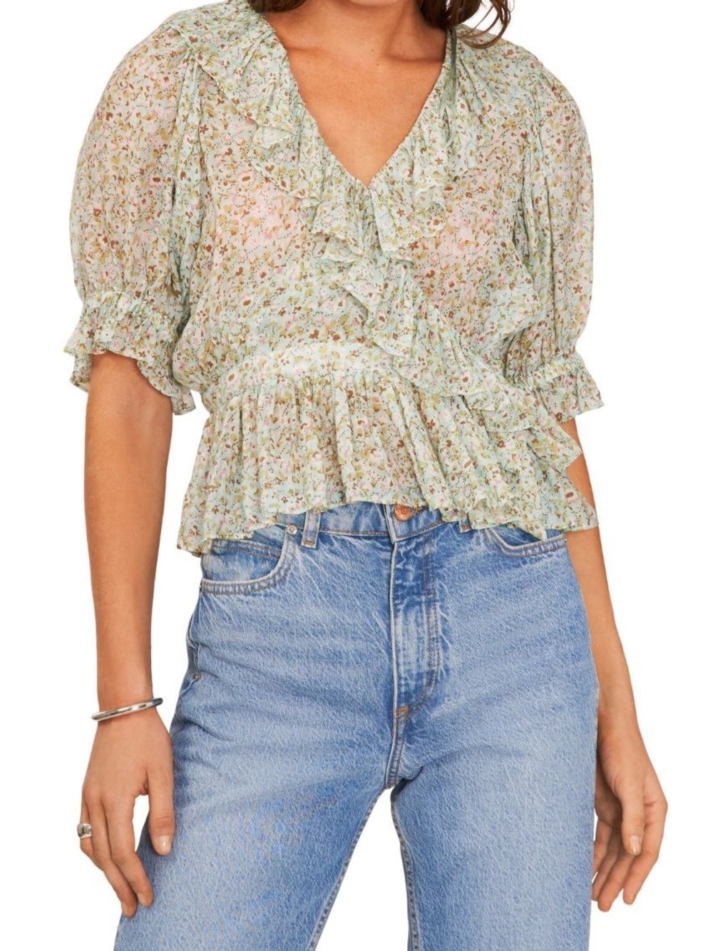 1.STATE White Mint Green Floral Ruffle V-Neck Wrap Blouse Ruff Sleeve Size L